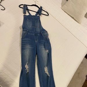 Distressed denim overall